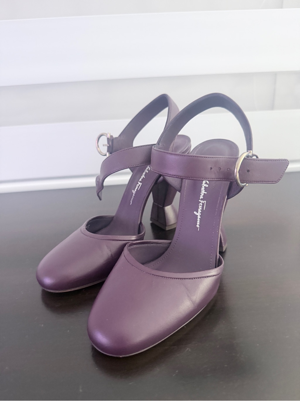 Salvatore Ferragamo Plum Leather Mary Jane Block Heels